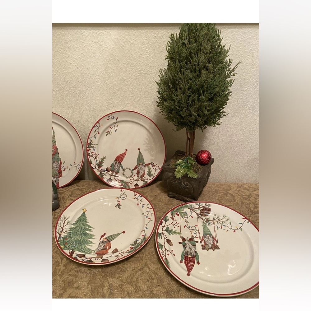 NEW Pottery Barn Set of 4 Forest Gnome Christmas Spirit Salad Plates NIB
